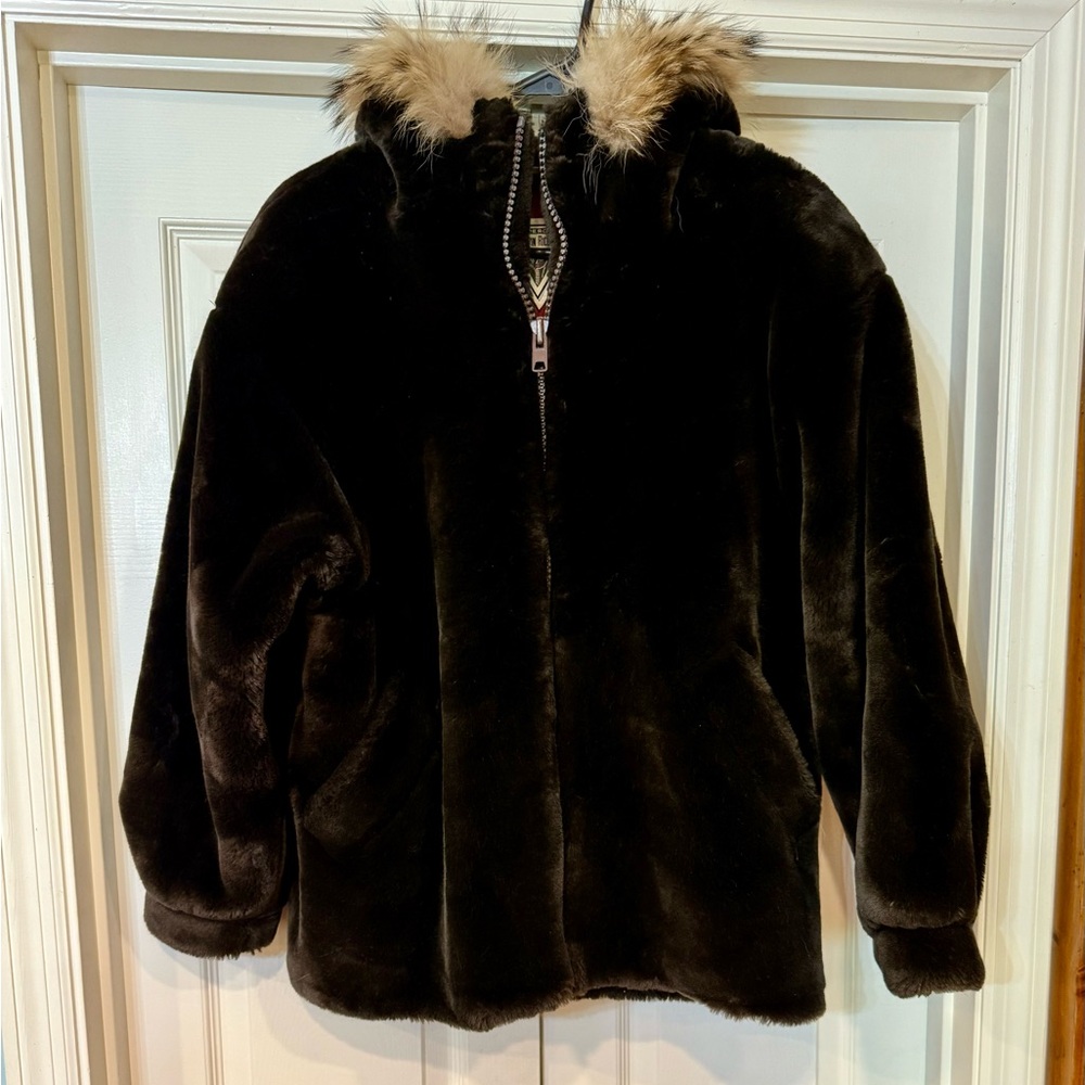 VTG Marvin Richards Faux Fur Hooded Coat Oversized Zip Fox Trim Size M 
Mob Wife